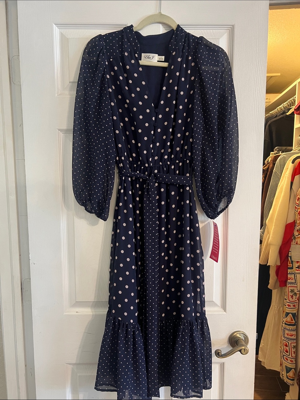 Chic Navy Polka Dot Midi Dress with Tie Waist